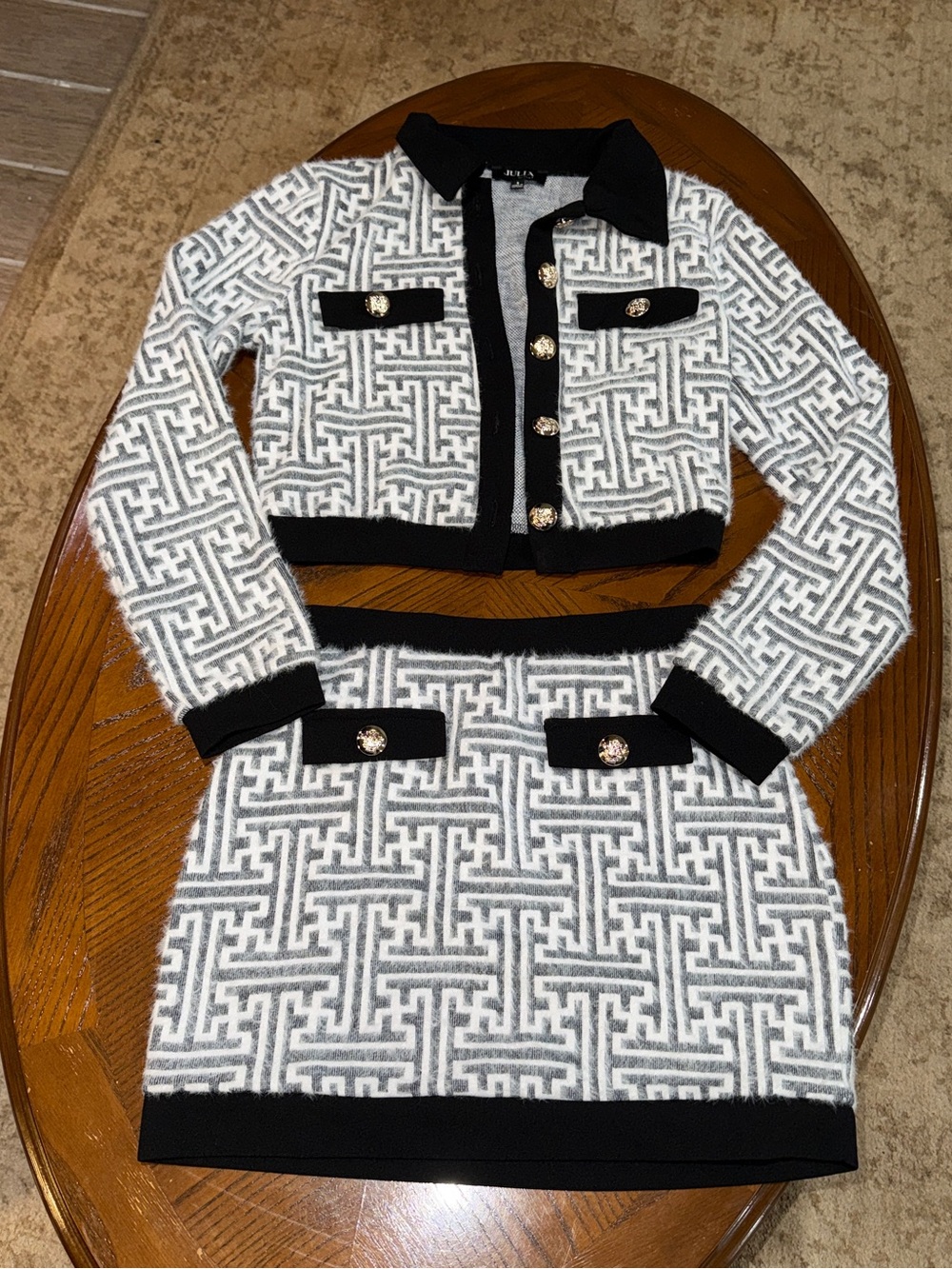 love J Black and White Cropped Knit Cardigan & Skirt Set